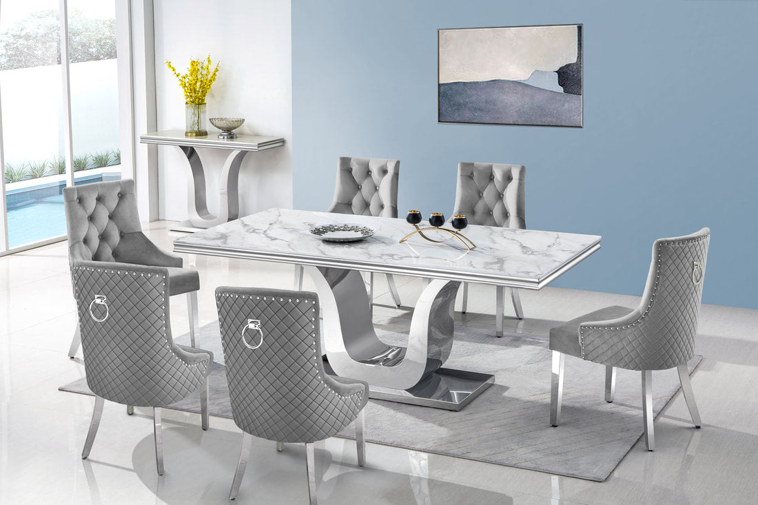 Genuine Marble Stainless Steel Dining Table + 6 Chair set