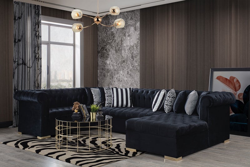 Luxen Velvet Black RAF Chaise Sectional