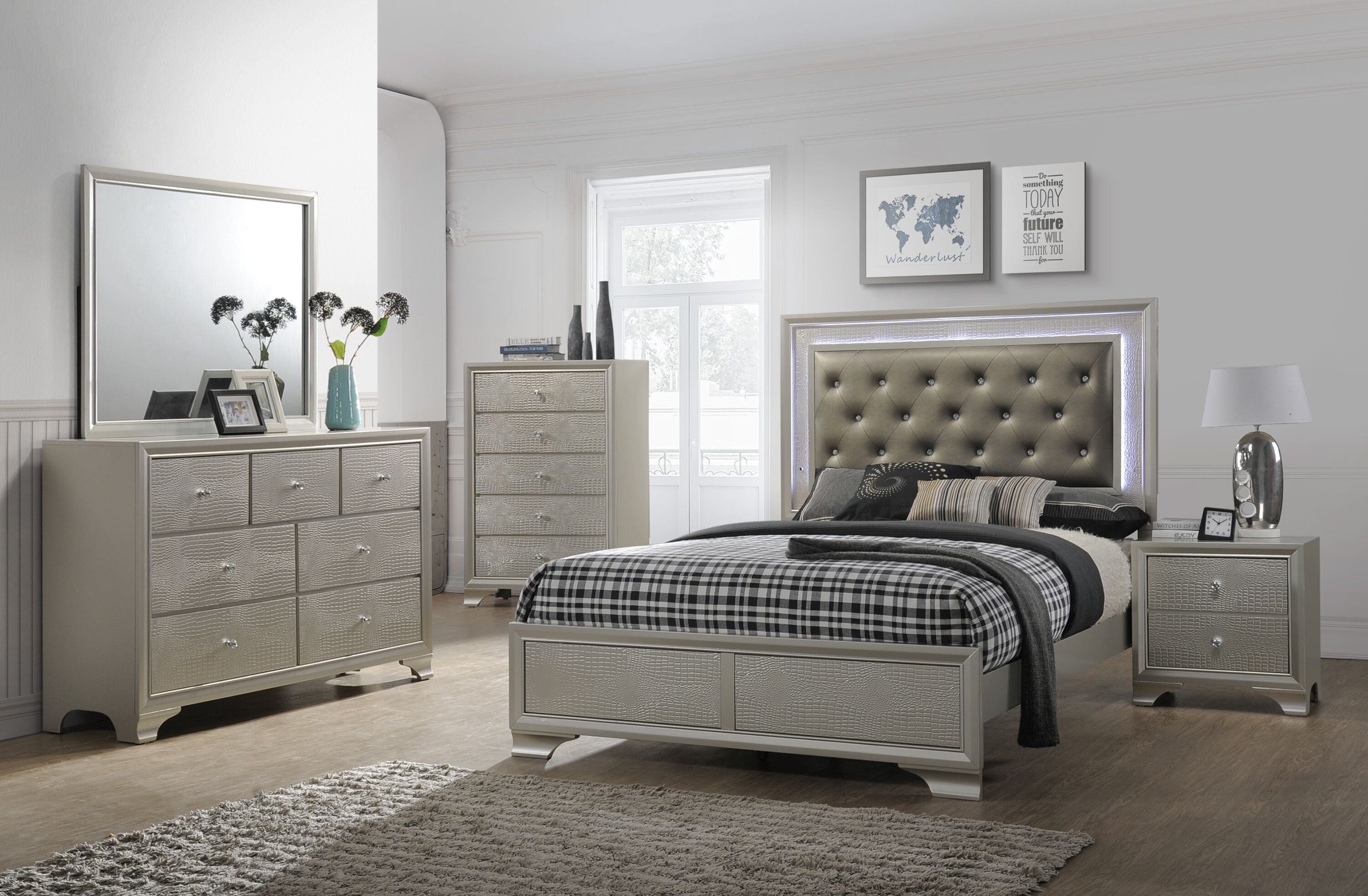 Lyssa Frost LED Upholstered Panel Bedroom Set
