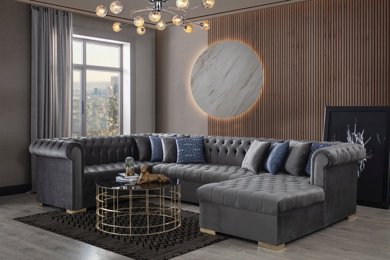 Luxen Velvet Black RAF Chaise Sectional
